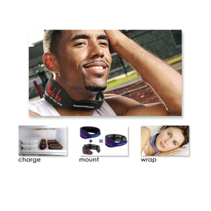 Black Ice cooling neck wrap showing charge mount and wrap steps