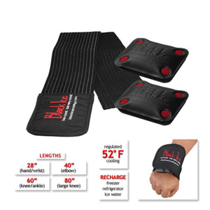 Black Ice cooling wrap with two cooling packs and sizing chart for wrist elbow knee and ankle
