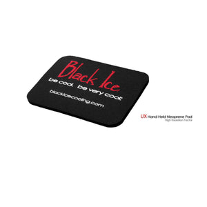 Black Ice UX hand held neoprene pad with branding and website text