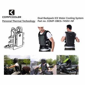 CompCooler dual backpack ice water cooling system worn by motorcyclists