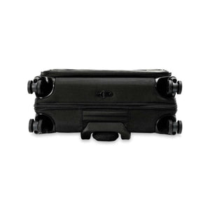 Bottom view of a black Briggs and Riley suitcase showing four spinner wheels and a handle