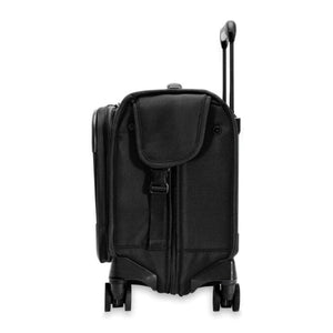 Side view of a black Briggs and Riley rolling carry on suitcase with extended handle