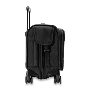 Side view of a black Briggs and Riley rolling carry on suitcase with extended handle