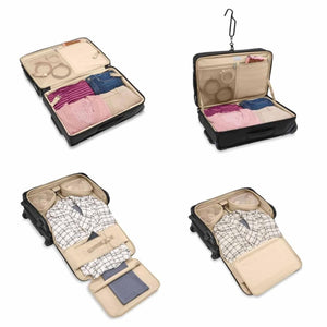 Open black rolling garment bag with organized clothing compartments and internal storage pockets
