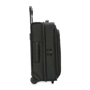 Side view of a black upright rolling suitcase with an extended handle
