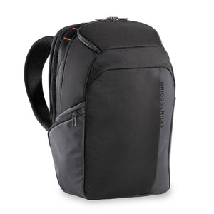 Black Briggs and Riley backpack with zippered compartments and padded shoulder strap