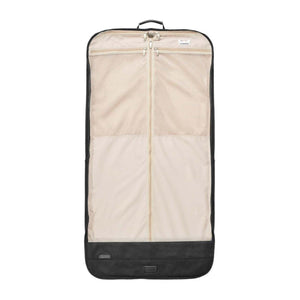 Briggs and Riley black garment bag with beige interior lining and mesh storage pockets