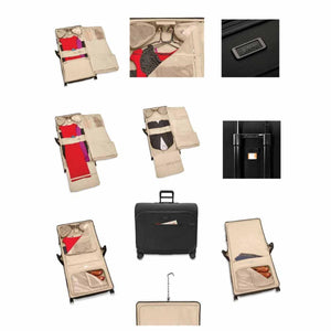 Collage showing interior compartments and exterior features of a black garment bag suitcase