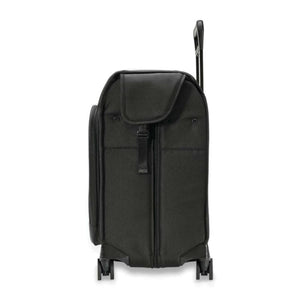 Side view of black Briggs and Riley rolling carry on luggage with extended handle