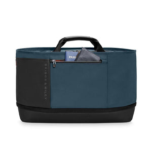 Briggs and Riley blue and black travel tote with passport in front zip pocket