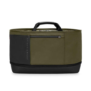 Olive green Briggs and Riley travel tote with black leather accents and top carry handles
