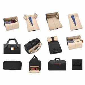 Briggs and Riley garment bag showing various interior compartments and exterior views