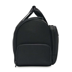 Side view of a black Briggs and Riley duffel bag with a zippered side pocket