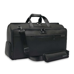 Black Briggs and Riley duffel bag with top handles and shoulder strap