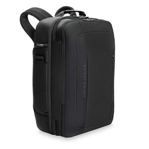 Black Briggs and Riley backpack with padded straps and front zip pocket