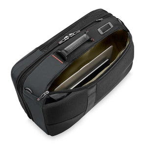 Top view of open black laptop briefcase with internal laptop sleeve