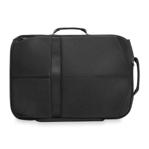Black backpack back panel with mesh padding and luggage pass through strap