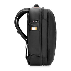 Side view of a black Briggs and Riley backpack with a retractable ID tag