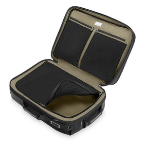 Open black suitcase with internal mesh storage compartments and olive green lining
