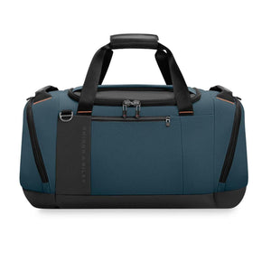Blue Briggs and Riley duffel bag with black trim and top carry handles