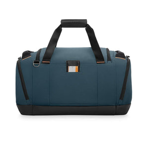 Briggs and Riley blue duffel bag with black handles and base