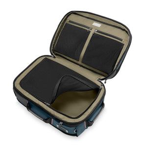 Open Briggs and Riley carry on suitcase with internal mesh storage compartments