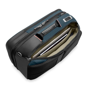 Open Briggs and Riley blue and black laptop bag with internal laptop sleeve