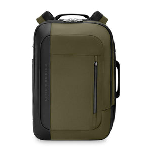 Olive green Briggs and Riley backpack with black trim and vertical zippered front pocket