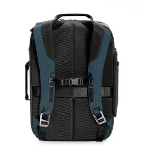 Back view of Briggs and Riley blue and black backpack showing padded shoulder straps and mesh back panel