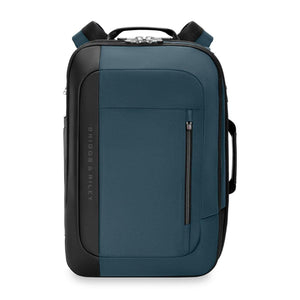Blue and black Briggs and Riley backpack with front vertical zipper pocket