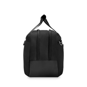 Side view of a black Briggs and Riley duffel bag featuring dual zippers and reinforced base