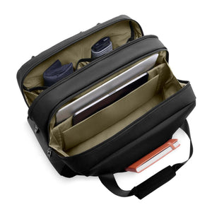 Open Briggs and Riley black briefcase with laptop and tablet compartments