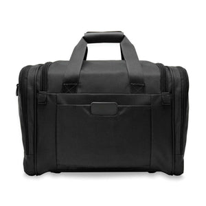 Black Briggs and Riley travel duffel bag with top handles and side zipper compartments