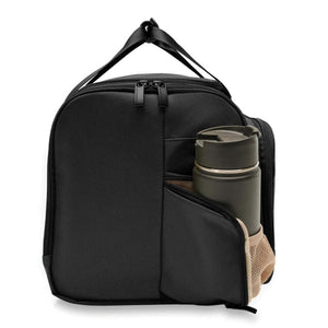 Briggs and Riley black lunch bag with a side mesh pocket holding a dark water bottle