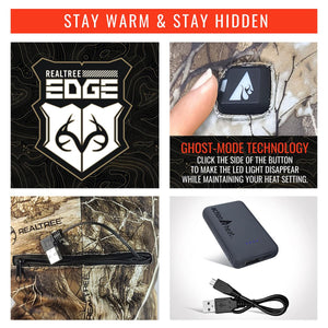 ActionHeat Realtree Edge camo apparel features ghost mode button and rechargeable battery pack
