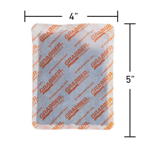 Grabber hand warmer packet measuring 4 inches by 5 inches