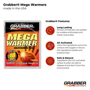 Grabber Mega Warmer packaging with features list including long lasting heat, air activated, and safe natural ingredients