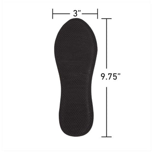 Black shoe insole with 3 inch width and 9.75 inch length dimensions