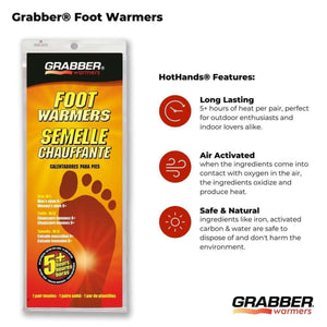 Grabber foot warmer packaging with features list including long lasting heat and air activated technology