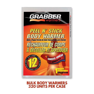 Grabber peel and stick body warmer package with 12 hour heat duration