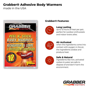 Grabber adhesive body warmer packaging with features list including long lasting air activated and natural ingredients