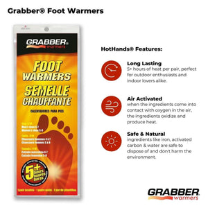 Grabber foot warmers packaging with product features list