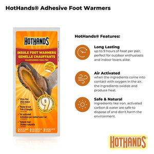 HotHands adhesive insole foot warmers packaging showing nine hours of heat and natural ingredients