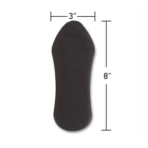 Black no show sock liner with dimensions labeled as 3 inches wide and 8 inches long