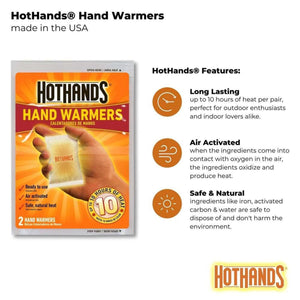 HotHands hand warmer package showing features including 10 hours of heat and air activated natural ingredients