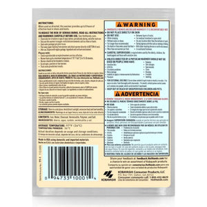 Hothands toe warmer packaging back with safety instructions and warning labels