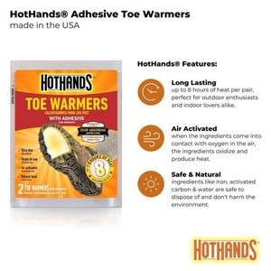 Hothands adhesive toe warmers packaging with features list including long lasting heat and air activated technology