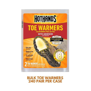 HotHands adhesive toe warmers packaging showing eight hours of heat and odor absorbing activated charcoal