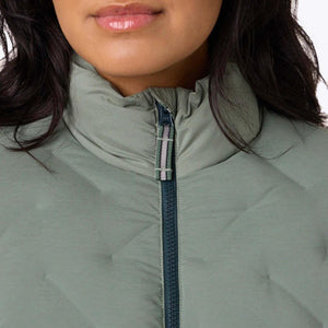 Mobile Warming sage green quilted jacket collar with dark zipper