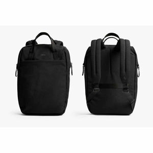 Front and back view of a black Bellroy backpack with padded shoulder straps and top carry handles